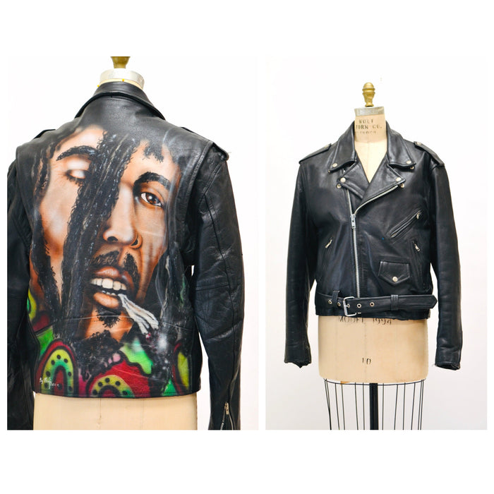 90s Vintage Black Leather Jacket with Bob Marley //Vintage Leather Jacket LA Roxx Bob Marley Reggae Music Air Brushed Painted Leather Jacket