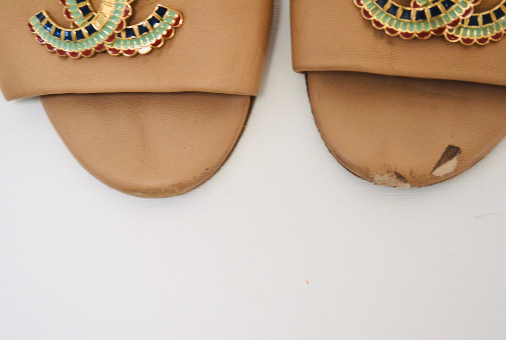 Vintage Chanel Tan Leather Slides Sandals 39 1/2  Leather Tan Chanel Logo Sandals Slides Tan Neutral 39 1/2 8 1/2 Made in Italy