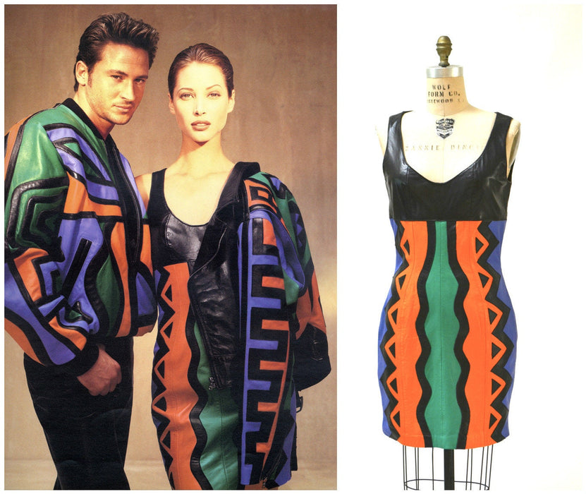 Vintage Leather Dress Black Medium Large Pop Art tribal by Michael Hoban North Beach// 90s Vintage Leather Dress medium Large Patchwork