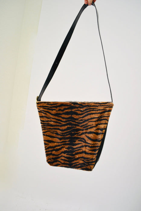90s Vintage Tiger Stripe Pony Hair Leather Purse Black brown Zebra Stripe Leather Handbag Charles Jourdan Medium Purse Made in France