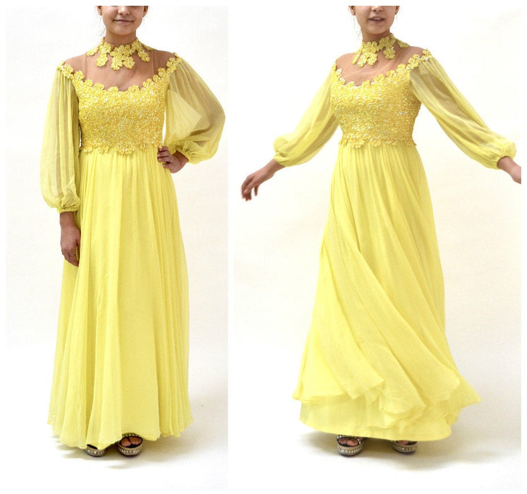 70s Vintage Sequin Evening Gown Dress Yellow Small Medium By Mike Benet// 70s Vintage Bridesmaid Prom Dress Yellow Wedding Dress  A29