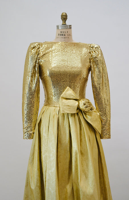 70s 80s Gold Sequin Metallic Ball Gown Dress 80s Gold Sequin Prom Dress Small Medium By Mignon // 80s Vintage sequin Gold Pageant Dress