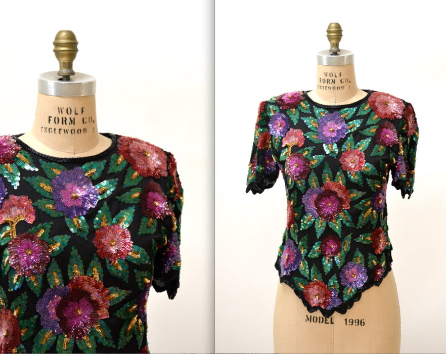 Vintage Sequin Shirt Size Medium with Flowers Black and Pink// Vintage Sequin Beaded Top Size Medium by Laurence Kazar Flapper Inspired
