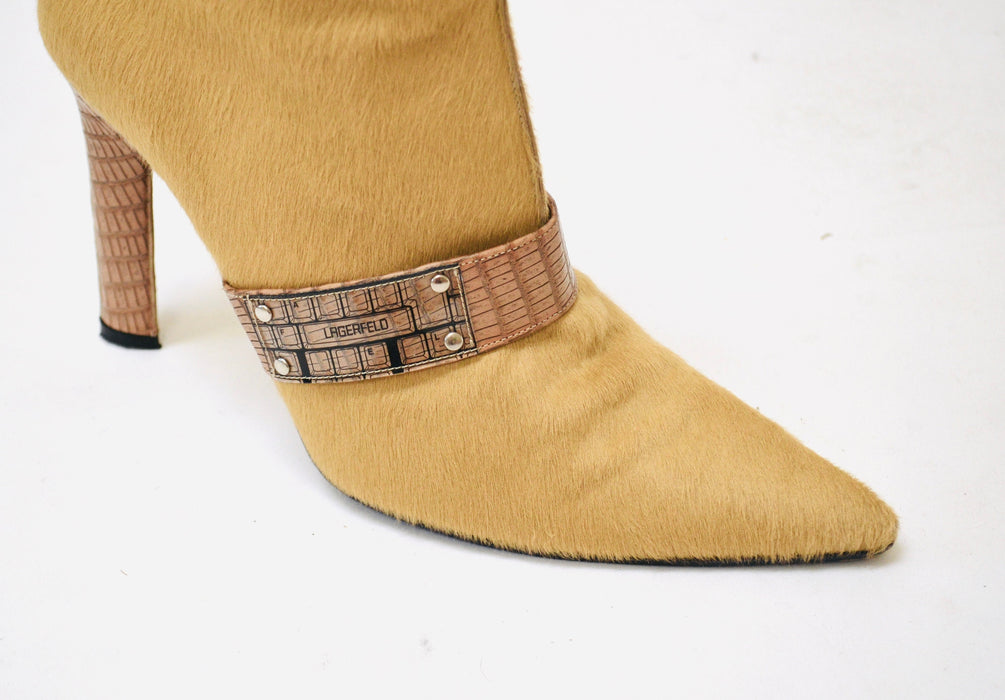 Vintage 90s 00s Pony Hair Leather High Heel Booties 6 1/2 7 By Lagerfeld// Pony Hair high heel Cropped Boots 6 1/2 Camel Tan Made in France