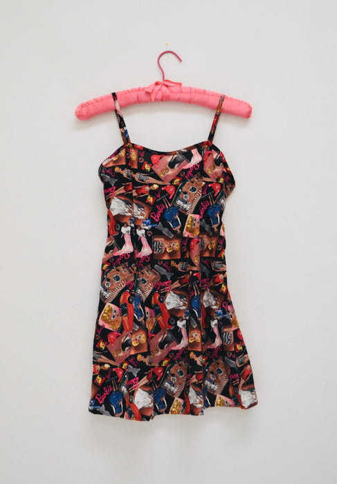90s BARBIE Print Tank Dress Nicole Miller XS womens Girls Tween 10/12 // Vintage Barbie Doll Print Mini Cami Dress 90s Pop Art Fashion Print