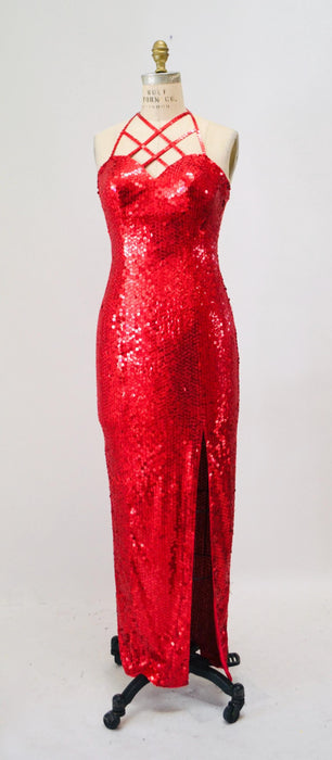 90s Vintage Red Sequin Party Dress Small// Vintage Red Sequin Prom Party Evening Gown Dress Small Pageant Jessica Rabbit Party Dress
