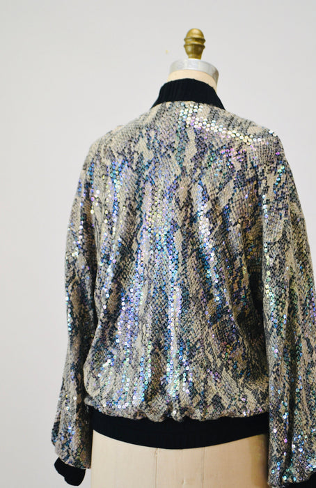 90s Vintage Sequin Bomber Track Jacket Black Grey Sequin Snake Python Jacket Small Medium// 90s Party sequin Jacket Snake Print Criscione