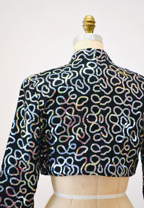80s 90s Vintage Black Sequin Jacket Metallic Hologram Sequin Jacket XS Small// Black Cropped Sequin Bolero Silver Hologram Sequin jacket