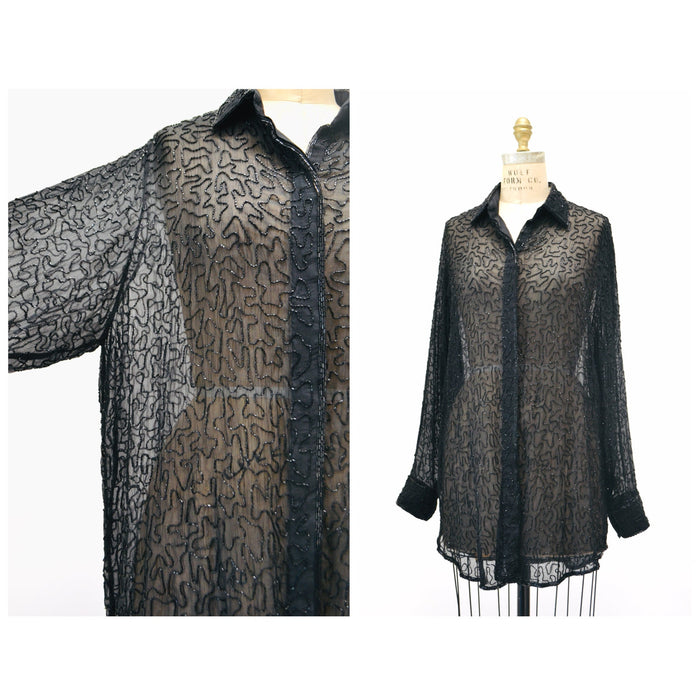 90s Vintage Black Silk Chiffon Beaded Shirt Button Down Black Sheer Silk Top Size Medium Lillie Rubin Sheer Black Long Sleeve Shirt
