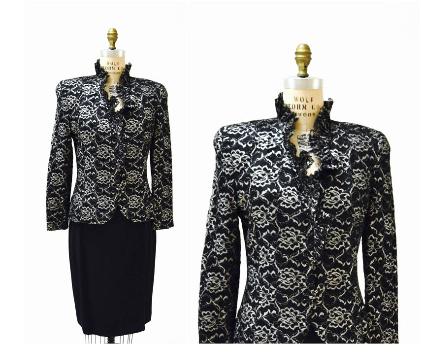 80s Vintage Black Silver Metallic Lace Jacket Blazer Suit by Carolina Herrera Studio Medium Large// 80s Black Lace Jacket Suit Ruffle Jacket