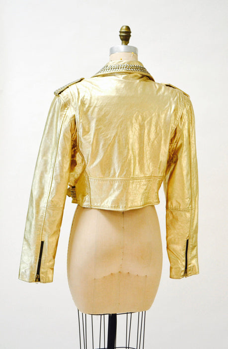 Amazing Vintage Gold Leather Biker Jacket with Rhinestones Gold Studs Large XL// Metallic Studded Gold Leather Moto Jacket LA ROXX