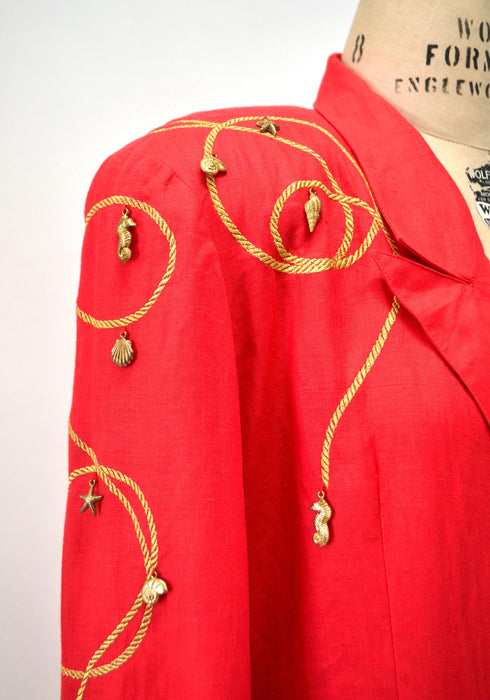 80s 90s Vintage Nautical Red Suit Jacket Blazer Skirt Red Gold Nautical Suit Linen Blazer Medium Large Lillie Rubin Boat Party Jacket Suit