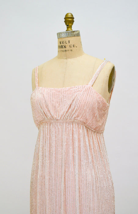 70s Vintage Alfred Bosand Pink Beaded Lace Dress and Capelet White Silver // Vintage White Lace Wedding Dress Evening Gown Beaded Shawl