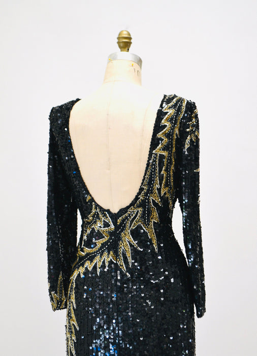 90s Vintage Black Beaded Sequin Party Dress Small Medium// 80s 90s Pageant Formal Black beaded Dress long sleeves Small Silk LIllie Rubin