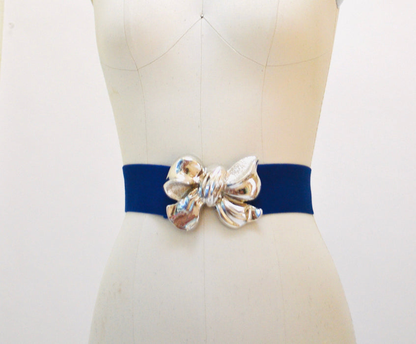 80s 90s Vintage Blue Silver Stretch Elastic Belt Silver Bow Metal Metallic Blue Silver Large Bow Wedding Belt Medium Large 26-35"