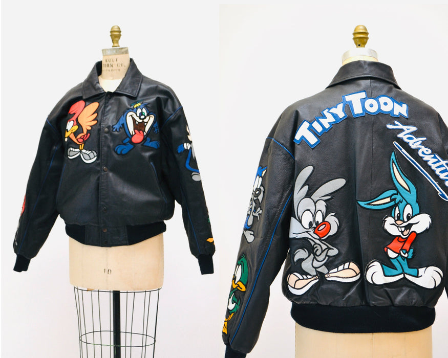 80s 90s Vintage Tiny Toons Adventures Leather Jacket Looney Tunes Cartoon Large Montana Toons Leather Jacket Warner Bros Taz Bugs Bunny