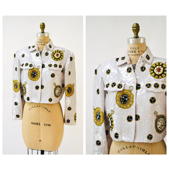 80s 90s Vintage White Sequin Jacket// Vintage White Sequin Boat Party Jacket Stars Nautical Talk of the Walk Casino French Collizioni Modi