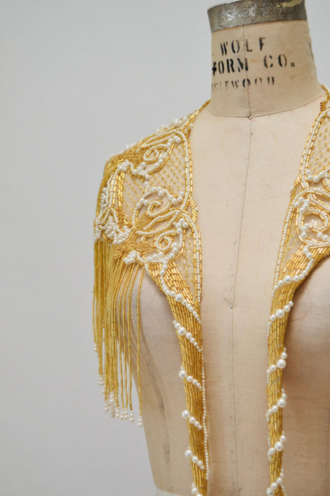 Vintage Gold Beaded Pearl Shawl Wrap Burlesque Wedding Flapper Gold Metallic Beaded Vintage Fringe Collar Shawl GOld White Pearl Sharmark