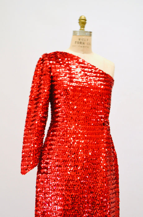 70s Vintage Red Sequin Gown Dress Red Sequin Showgirl One shoulder asymmetrical Dress Small Medium Pageant Jessica Rabbit Princess Costume