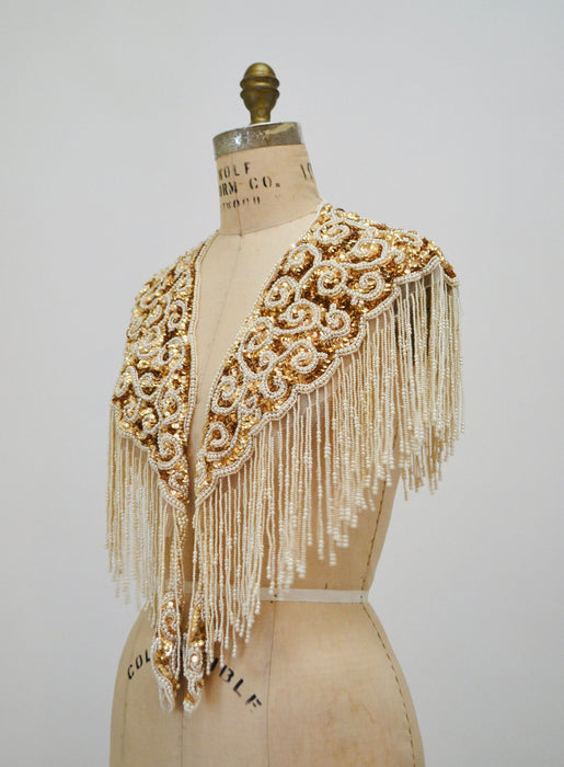 Vintage Gold Pearl White Cream Beaded Sequin Shawl Wrap Burlesque Wedding Flapper Gold Metallic Beaded Wedding Vintage Fringe Collar Shawl