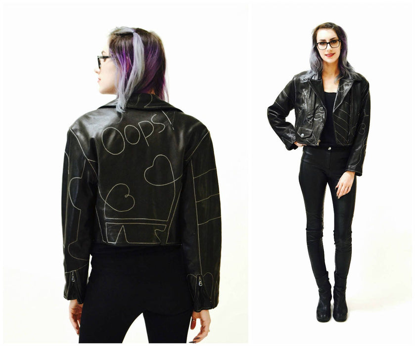 Vintage Black Leather Motorcycle Jacket by Moschino Leather Oops Heart Made in Italy// 90s Black Leather Jacket Biker Medium Large