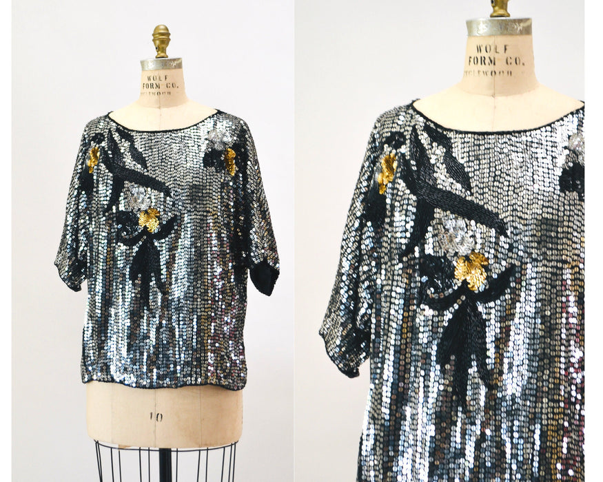 70s 80s Vintage Beaded Shirt Top Black Silver Top Large Shirt 70s 80s Glam Disco party Silver Metallic Sequin Top Size Medium Large