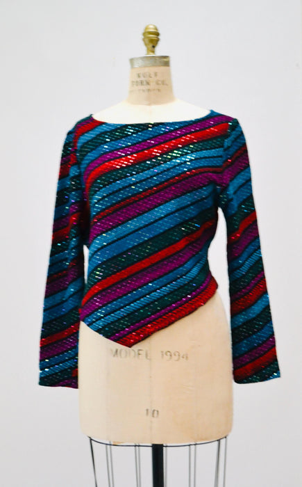 80s Vintage St John Striped Sweater Top Red Black Metallic Cropped Sweater Knit Medium Large St John Evening Party Top Striped Long Sleeves