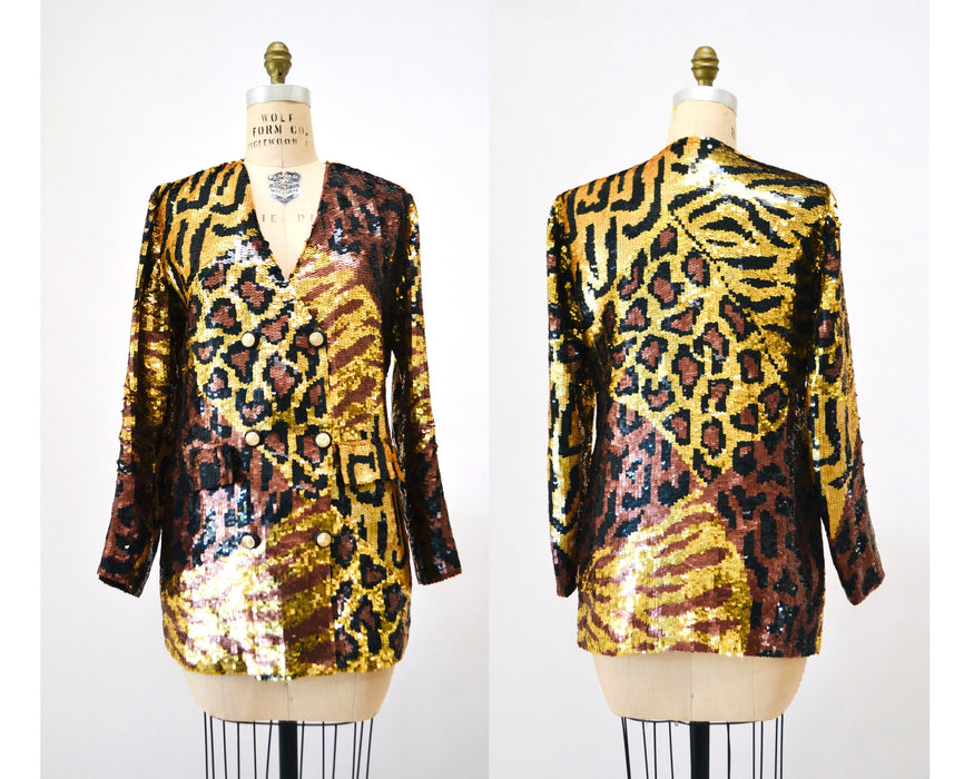 80s 90s Vintage Sequin Jacket Black Small Medium Leopard Cheetah Animal Pattern// 90s Metallic Gold Black Sequin Jacket French Collizioni
