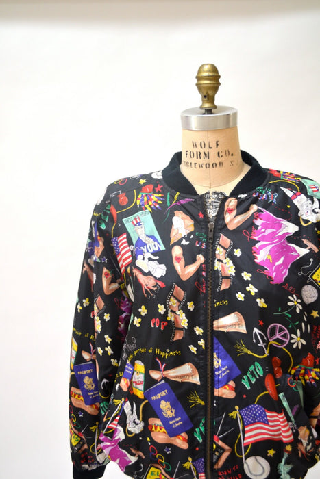 90s Vintage Silk Bomber Jacket by Nicole Miller with USA America United States Elvis Harley Printed Silk Jacket Mens Womens