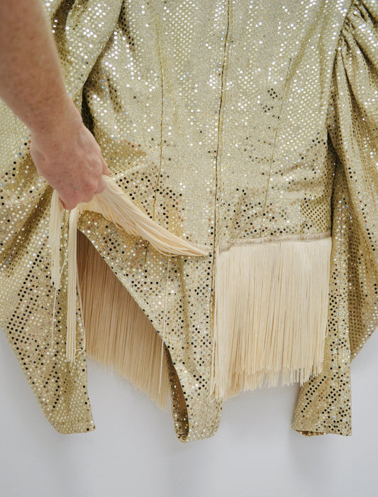 90s Gold Topless Fringe Bodysuit for Burlesque Drag queen thong Vintage Gold Metallic Party festival Fringe Bodysuit Showgirl Costume Large