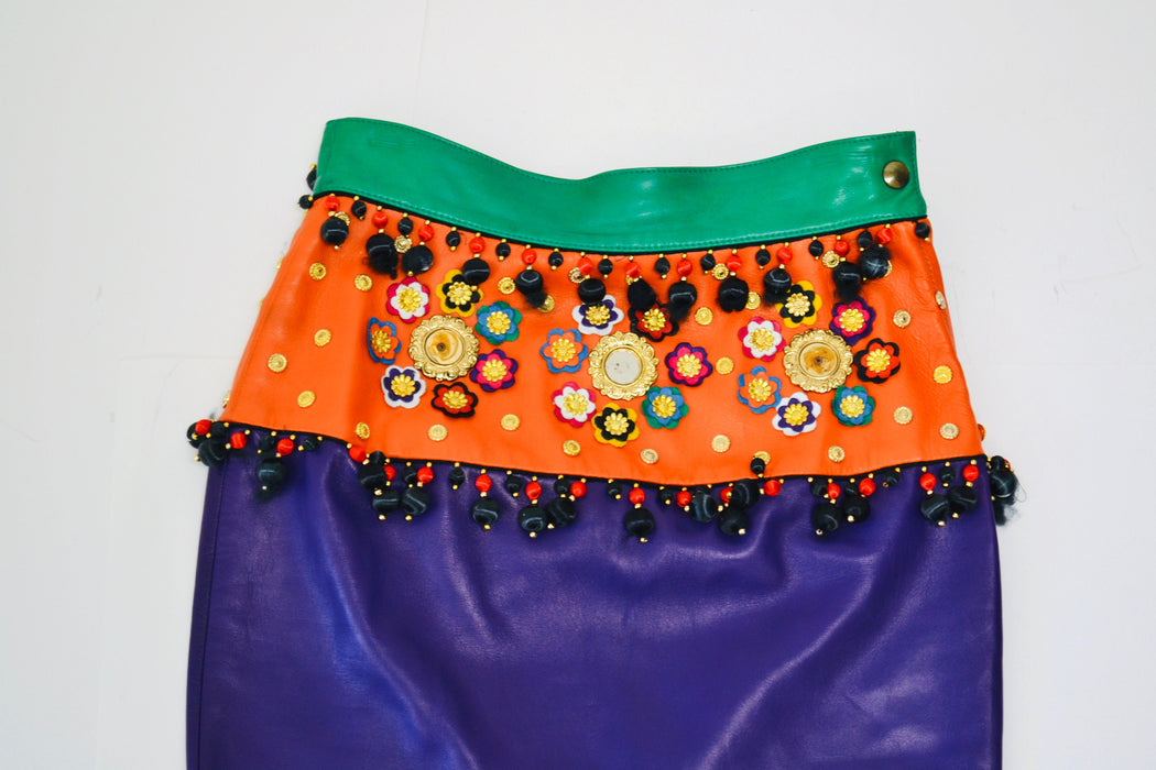 vintage 90s Moschino Rainbow Leather SKIRT 1991 Spring Summer Moschino Studded Flower Leather Skirt Red Blue Green Yellow Made in ITaly