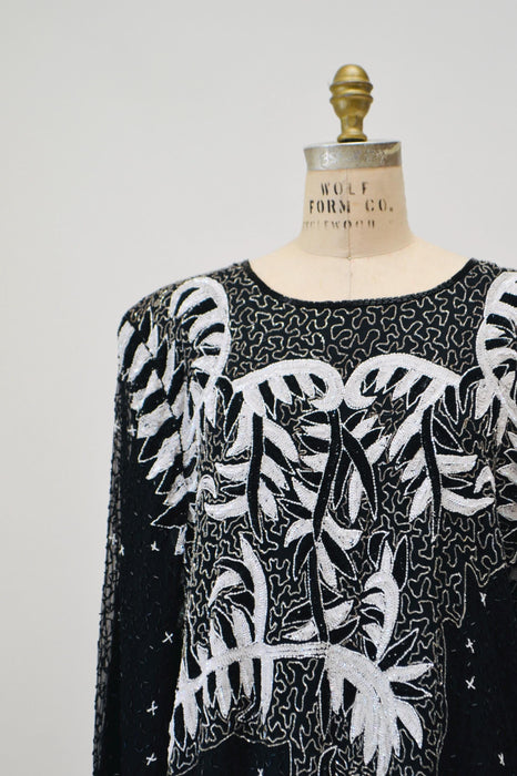 80s GLAM Vintage Black White Sequin Party Dress XL X Large// Vintage Black Sequin Dress Flapper Disco 3X Plus Size Vintage Beaded dress