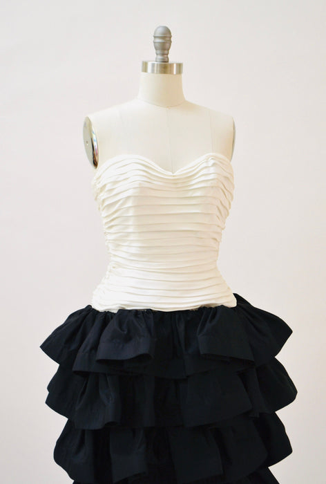 Vintage 90s Party Prom Dress XXS XS Small Black and White Strapless Ruffle Party Dress By Tadashi// 90s  Vintage Black Tie PageantDress