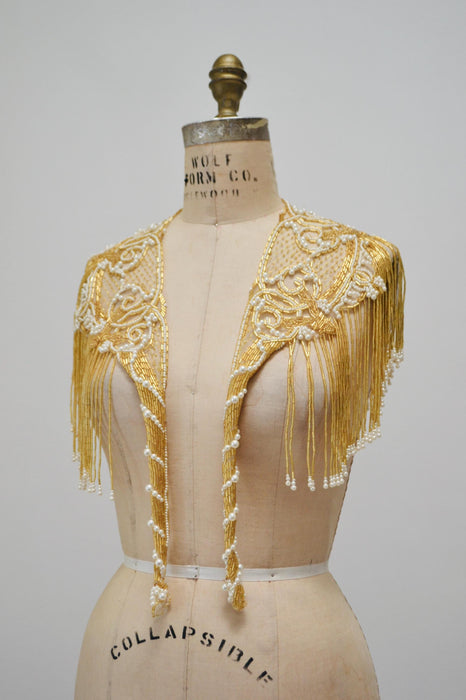 Vintage Gold Beaded Pearl Shawl Wrap Burlesque Wedding Flapper Gold Metallic Beaded Vintage Fringe Collar Shawl GOld White Pearl Sharmark