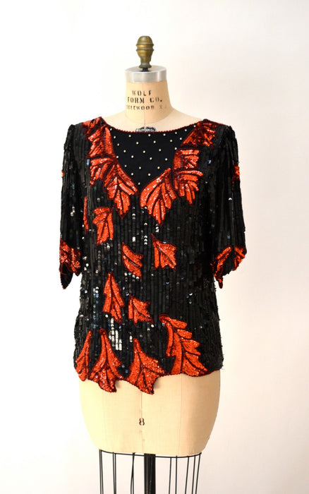 Vintage Sequin Shirt Red and Black Medium 80s Glam Flapper Shirt// Vintage Art Deco Flapper Inspired Sequin Top 80s Party sequin beaded Top