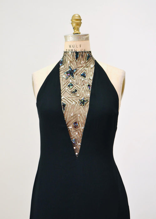 80s 90s Vintage BOB MACKIE Dress Black Star Beaded Metallic Halter Neck// Black Sexy Halter Mini Dress Small Medium Bob Mackie Cher
