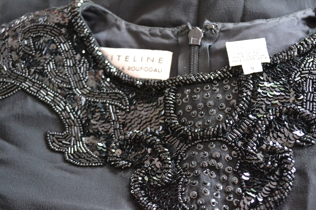 90s Vintage Black Silk Party Dress Black Sequin Beaded Dress Small Medium// 90s Prom Party Vintage Black Sequin Dress Long sleeve Dress