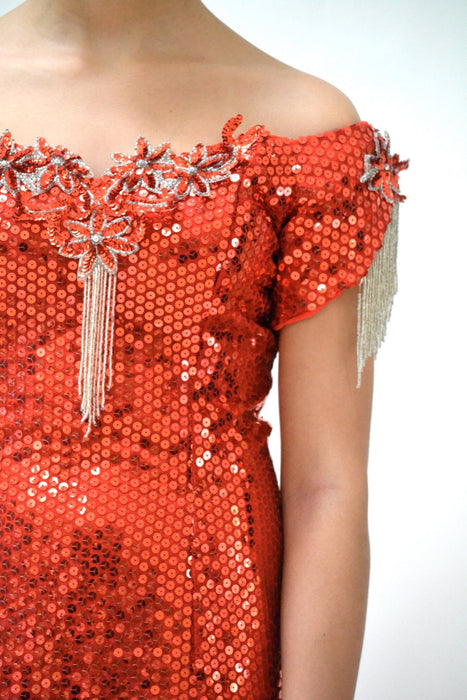 90s Vintage Red Sequin Dress Evening Gown Red 80s Prom DRess Small// Vintage Red Sequin Pageant Evening Gown Dress 80s 90s Drag Queen Dress