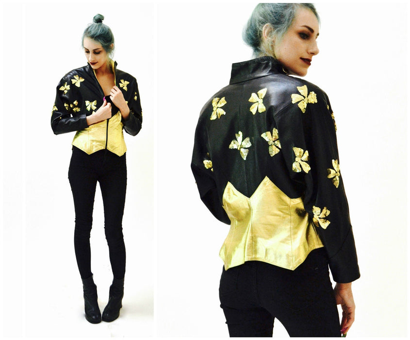 Vintage Sequin Leather Jacket Black and Gold Metallic Sequin Jacket Bows 80s Glam Leather Jacket by Lillie Rubin Size Small Medium