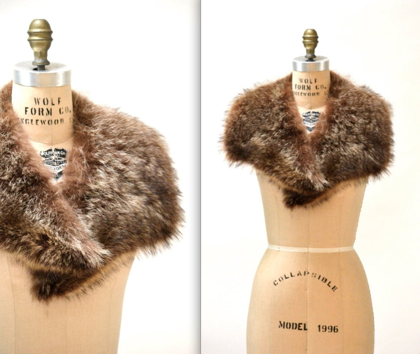 Vintage Brown Fur Collar Wrap Stole Raccoon// Vintage Fur Collar Brown Grey Winter Wedding Fur Jacket