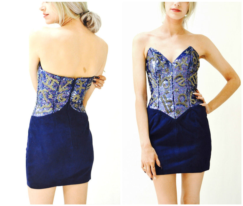 90s Sequin Leather Strapless Dress by Michael Hoban Blue Gold Small Zodiac Astrology Signs XXS XS// Metallic Leather Strapless Beaded Dress