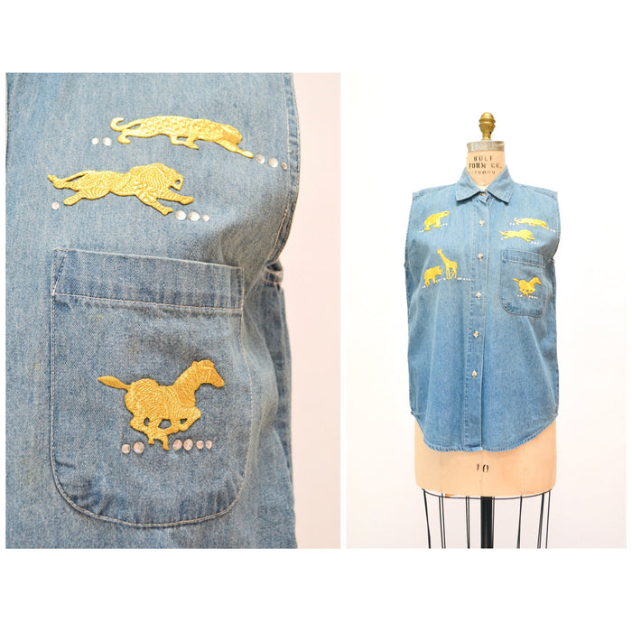 80s 90s Vintage Denim Tank Top Gold Animal Patches and Rhinestones Size Small Medium Metallic Denim Jean Denim Shirt Top 80s 90s Glam