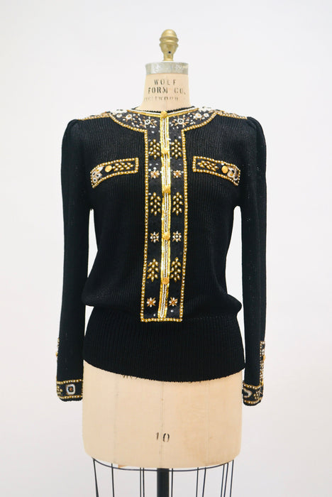 80s 90s Glam Vintage Black Gold Beaded Sequin Sweater Small Medium By Elizabeth New York Black Gold Metallic Beaded Sequin Pull Over Jumper