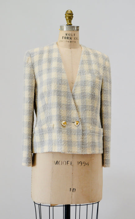 90s Vintage Cream Grey Boucle Plaid Jacket By Louis Feraud US 10 Medium Off White Grey Boucle Wool Houndstooth Plaid Jacket Small Medium