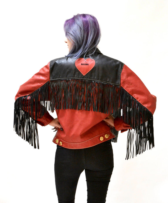 90s Vintage Moschino Leather Jacket Love Fringe Heart Red and Black Navy Moschino Jeans Made In ITaly