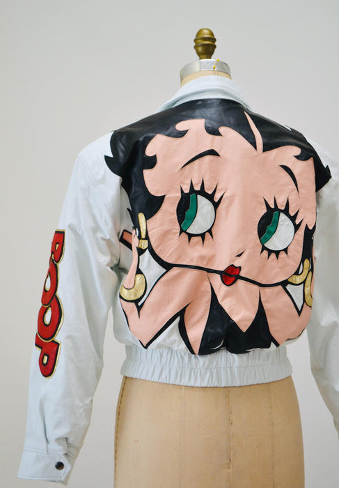 80s 90s Vintage Leather Jacket Betty Boop Small Medium Vintage White Leather Bomber Jacket with Betty Boop Comics Pop Art Leather By Maziar