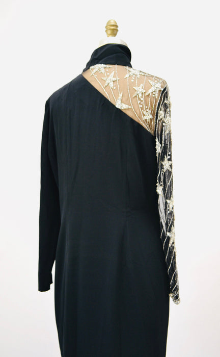 90s Vintage Black Beaded BOB MACKIE Dress with stars Medium Large // Vintage Black Illusion Dress// Metallic Celestial Sequin Party Dress