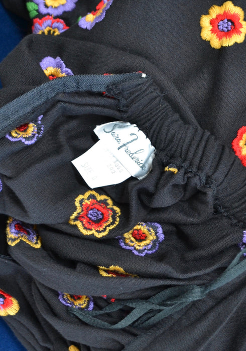 70s 80s Vintage Embroidered Boho Shirt Skirt Dress Set Small Black Cotton Floral Boho Shirt Skirt Embroidered Floral Dress Sara Fredericks
