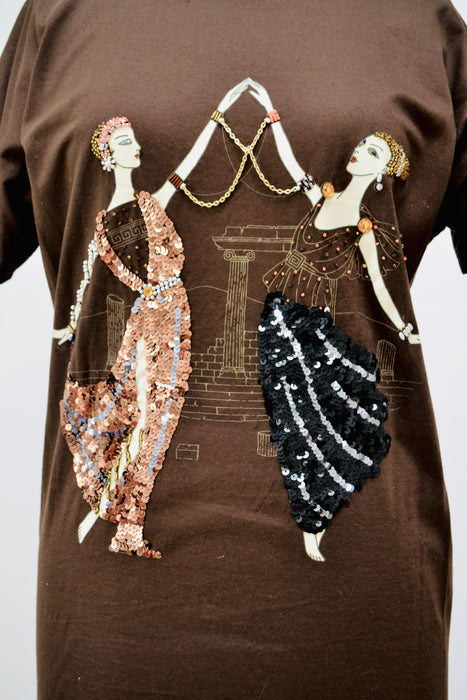80s Vintage T Shirt Tunic Brown Beaded George Barbier Fashion Illustration Printed Sequin Beaded Erte Top Shirt French Art DIDIER RONSARD