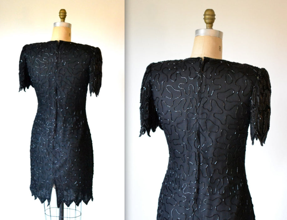 90s Vintage Black Beaded Sequin Dress Size Medium 90s Party Dress in Black Medium Laurence Kazar Art Deco 20s Flapper Inspired